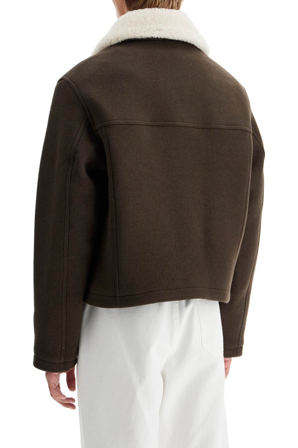 AMI Paris Boxy Shearling Jacket With Collar Brown