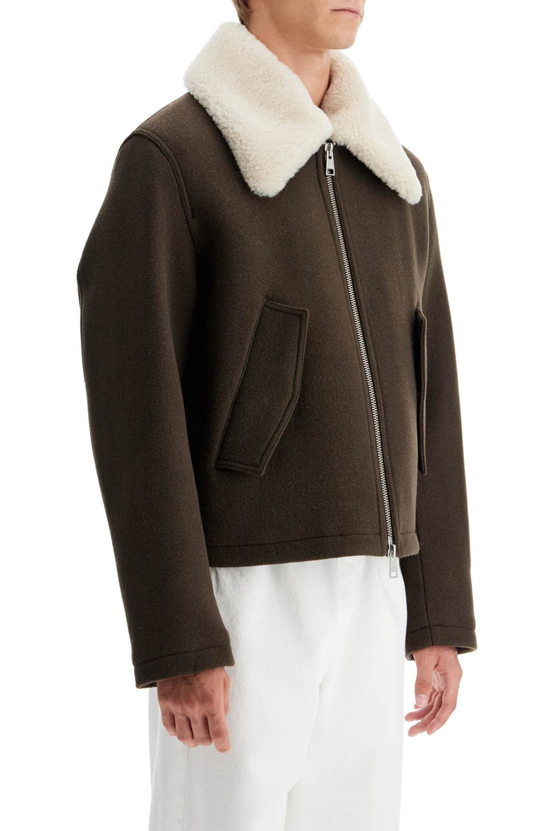 AMI Paris Boxy Shearling Jacket With Collar Brown