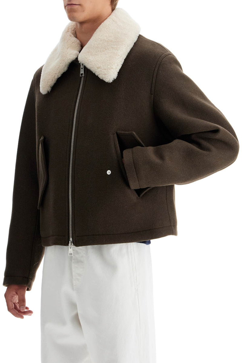 AMI Paris Boxy Shearling Jacket With Collar Brown