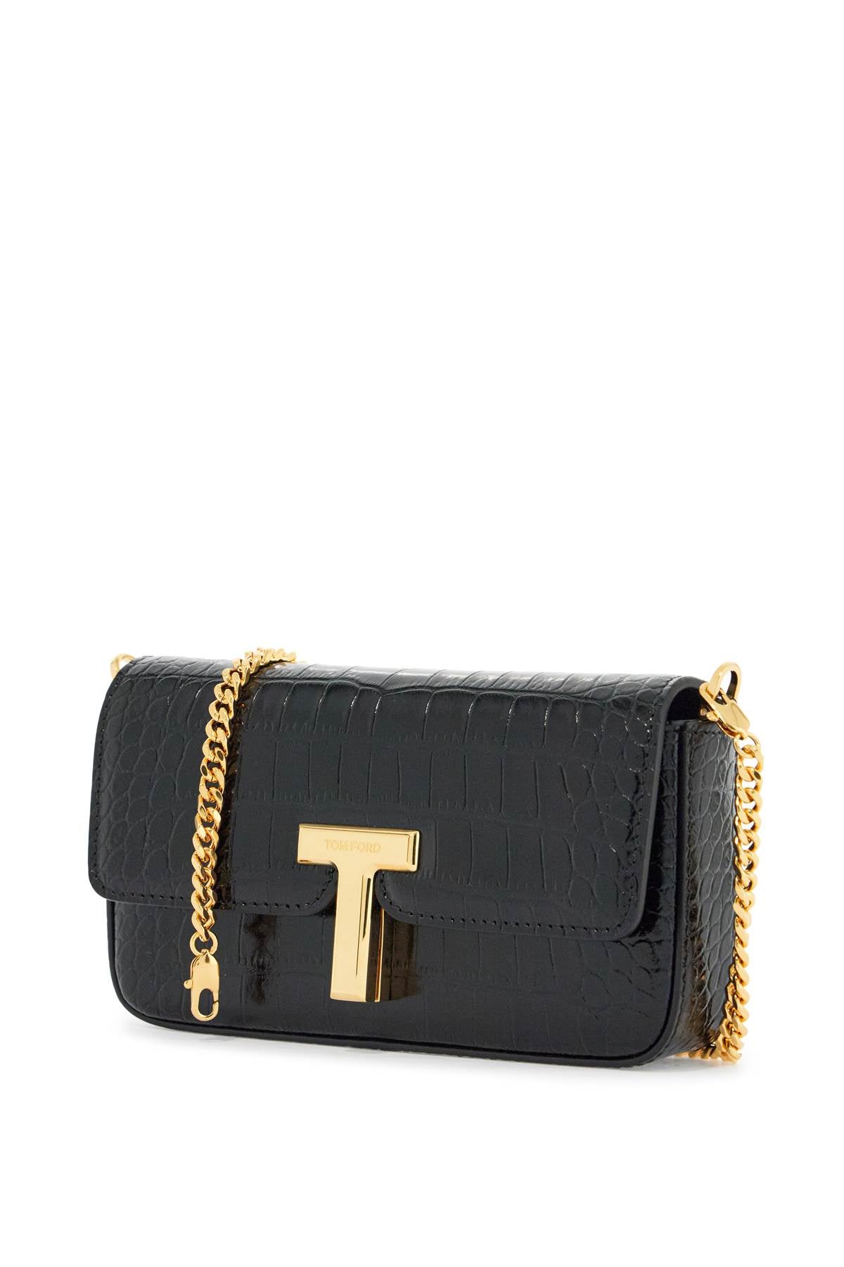 Tom Ford Mini Crossbody Bag In Black Calf Leather With Crocodile Effect