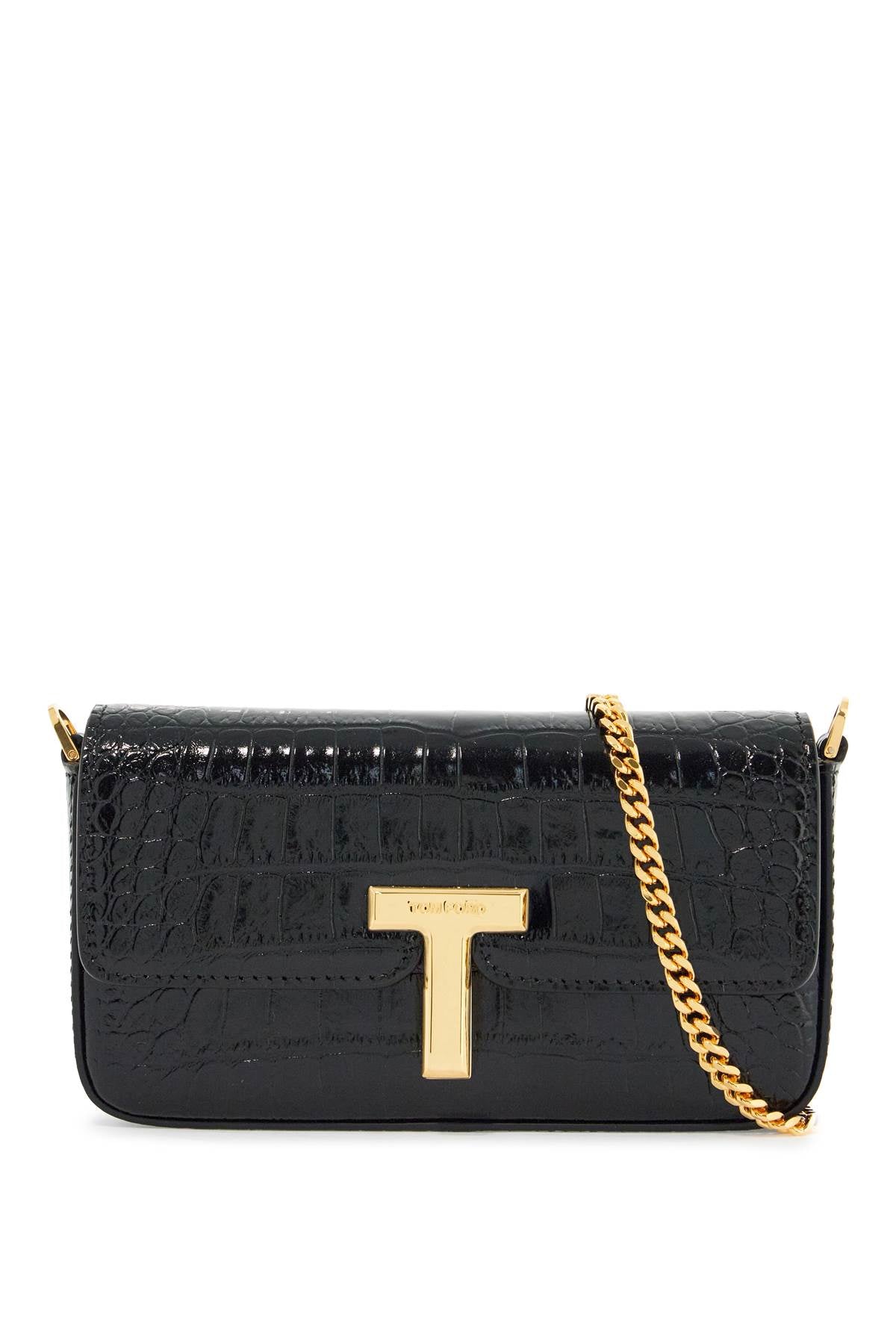 Tom Ford Mini Crossbody Bag In Black Calf Leather With Crocodile Effect