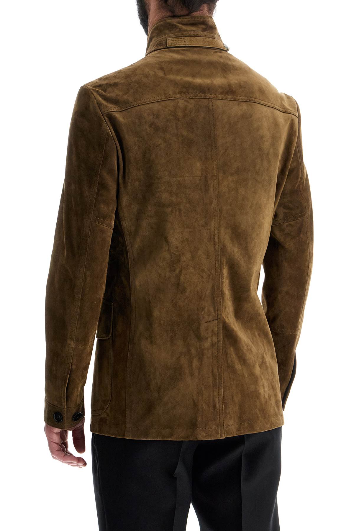 Tom Ford Khaki High Collar Leather Military Jacket