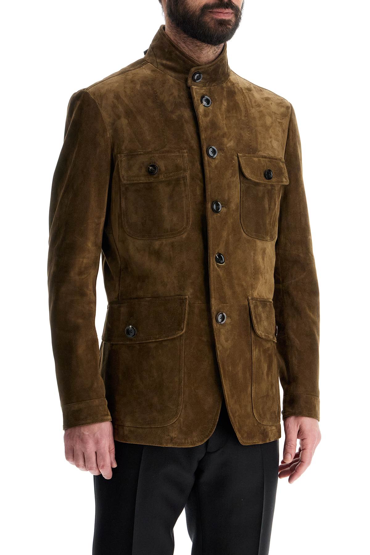 Tom Ford Khaki High Collar Leather Military Jacket