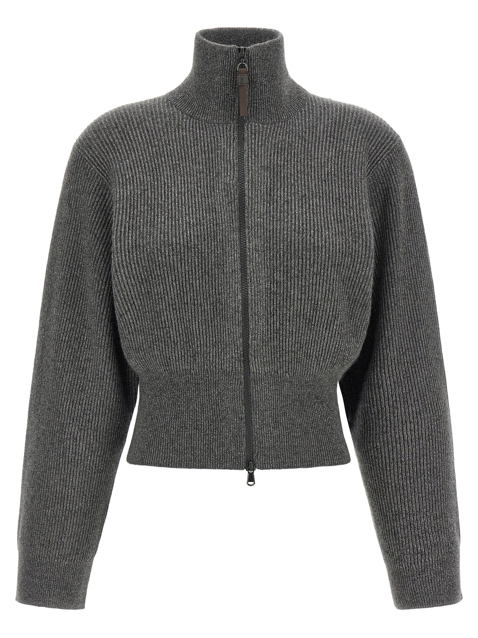 Brunello Cucinelli Ribbed Cardigan With Leather Detail