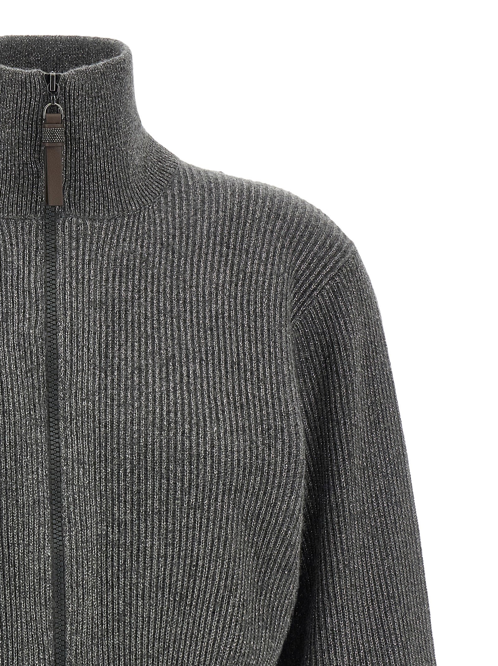 Brunello Cucinelli Ribbed Cardigan With Leather Detail