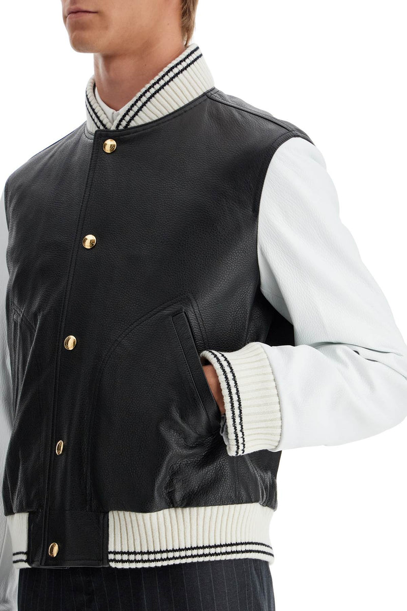 Thom Browne Leather Varsity Bomber Jacket Black