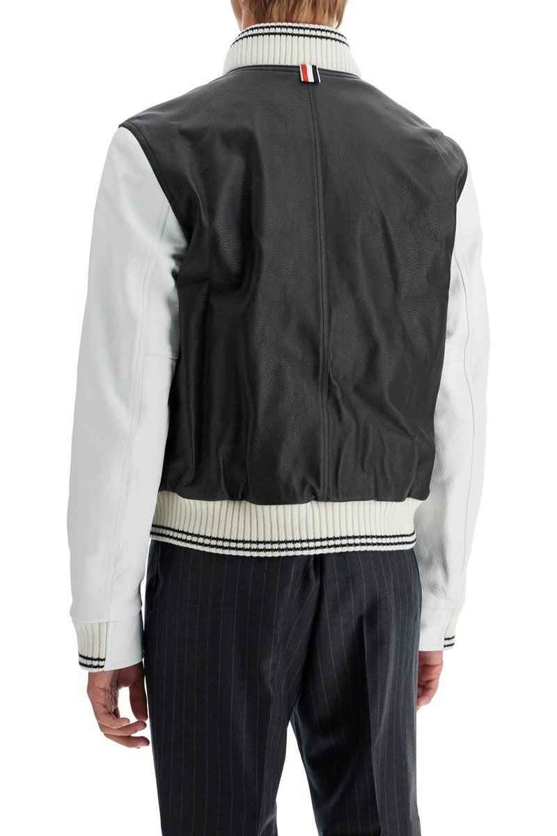 Thom Browne Leather Varsity Bomber Jacket Black