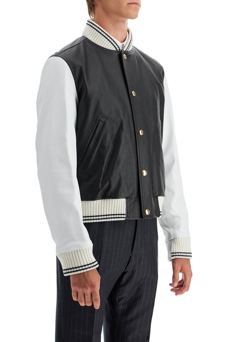 Thom Browne Leather Varsity Bomber Jacket Black