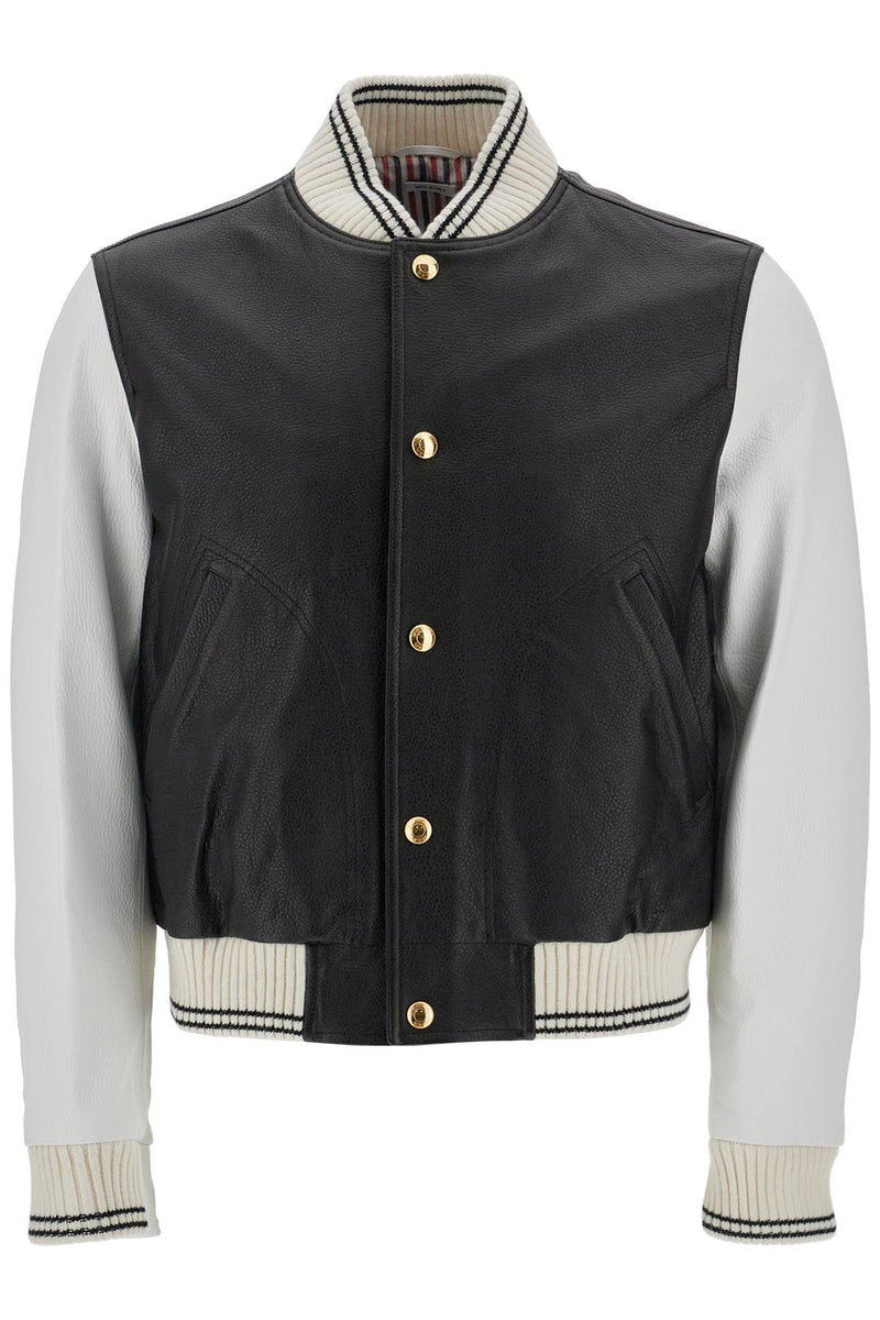 Thom Browne Leather Varsity Bomber Jacket Black