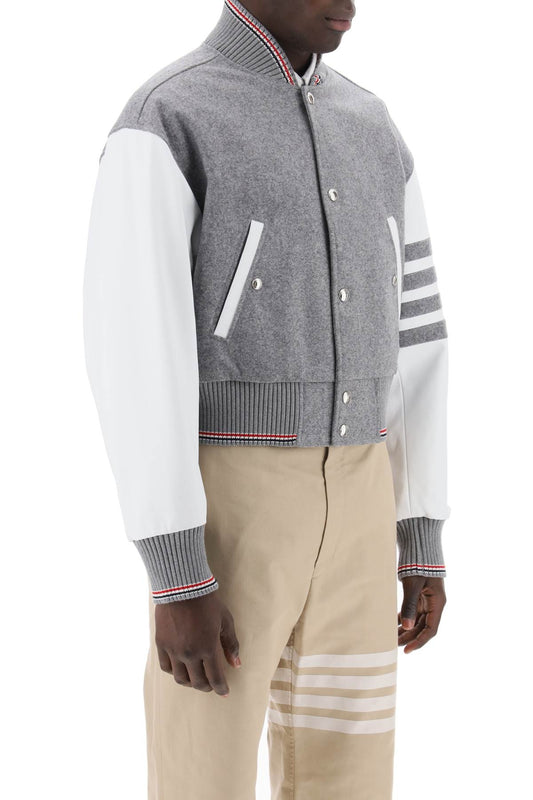 Thom Browne Wool Bomber Jacket With Leather Sleeves And Grey