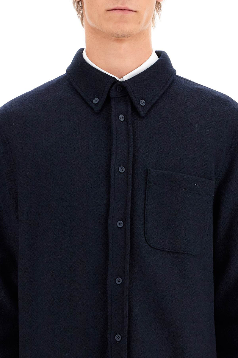 Thom Browne Herringbone Wool Blend Overshirt Blue