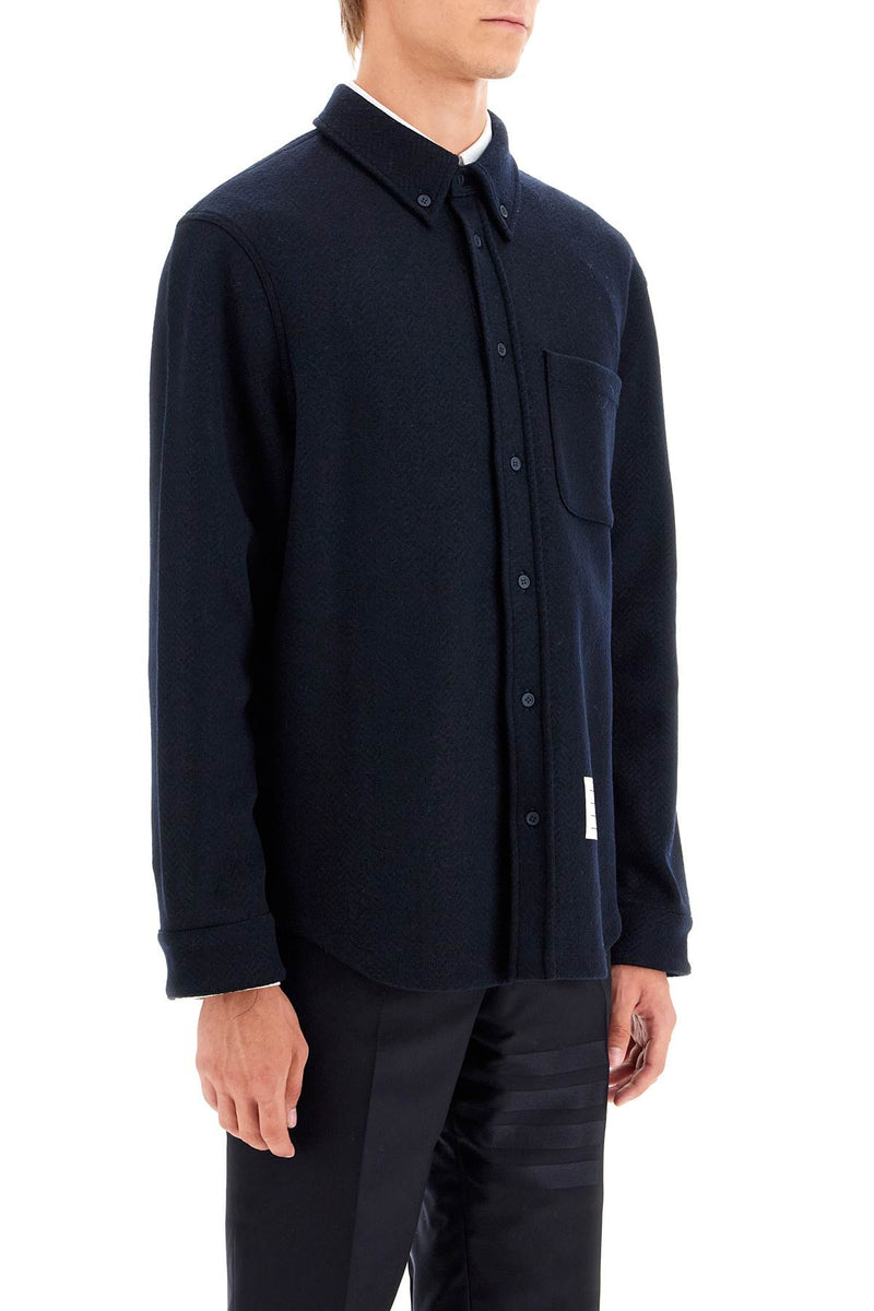 Thom Browne Herringbone Wool Blend Overshirt Blue