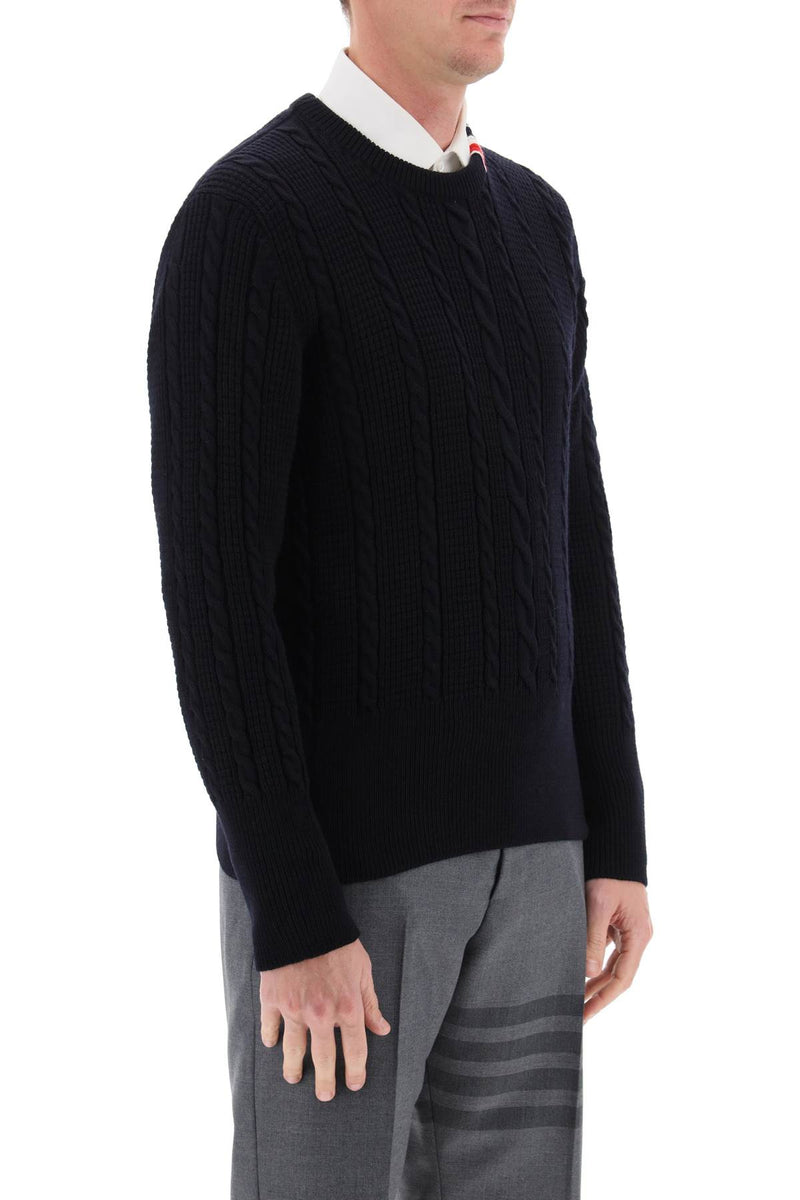 Thom Browne Cable Wool Sweater With Rwb Detail Blue