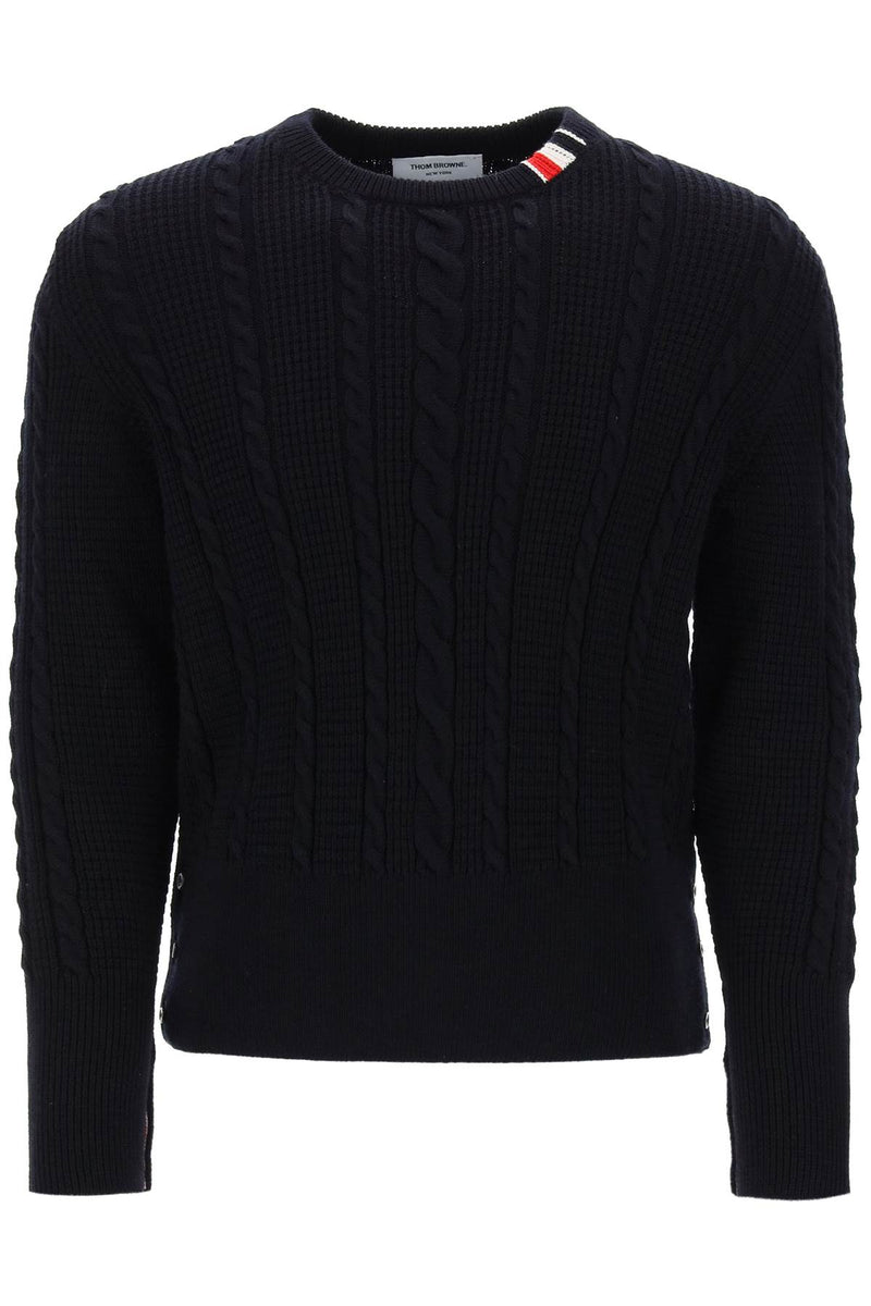 Thom Browne Cable Wool Sweater With Rwb Detail Blue