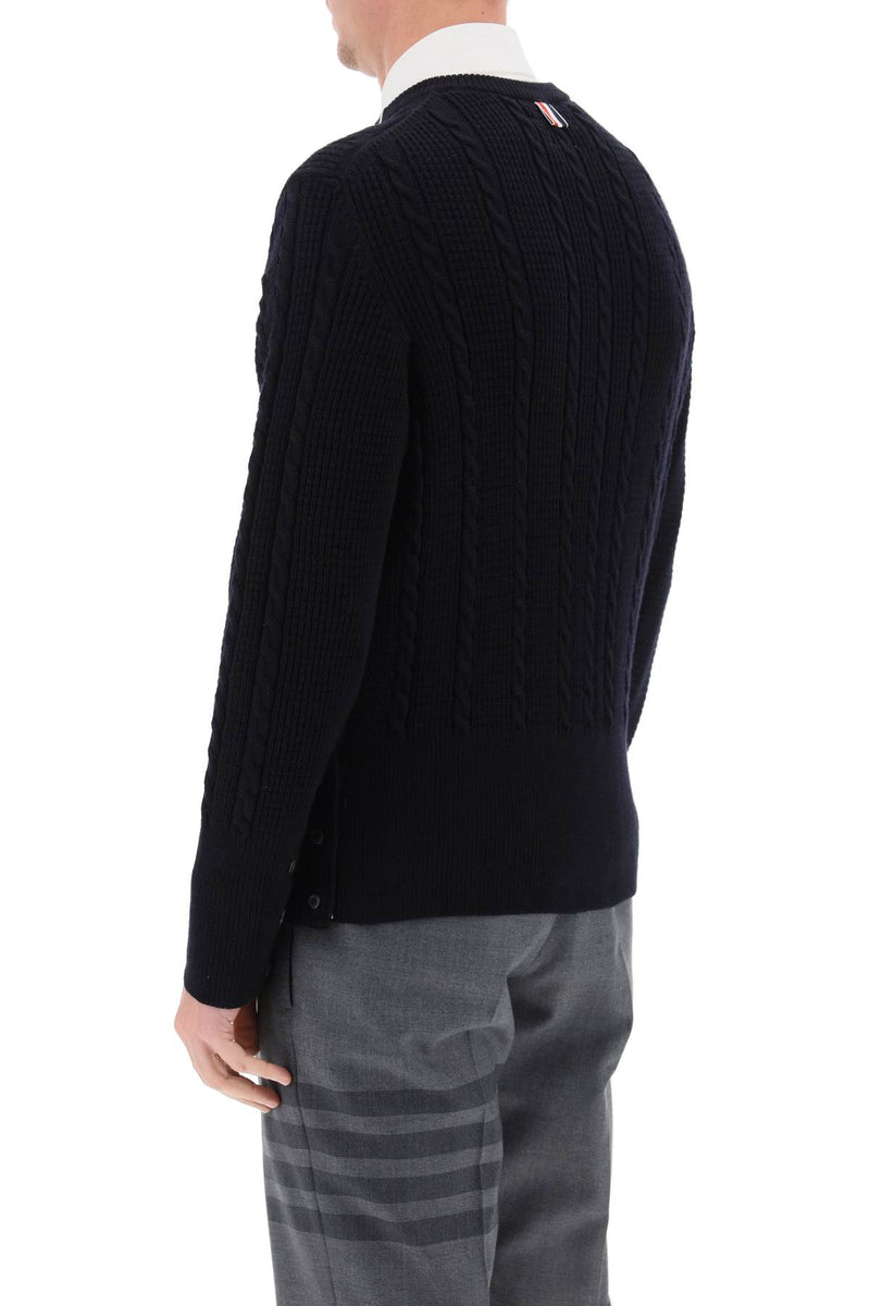 Thom Browne Cable Wool Sweater With Rwb Detail Blue