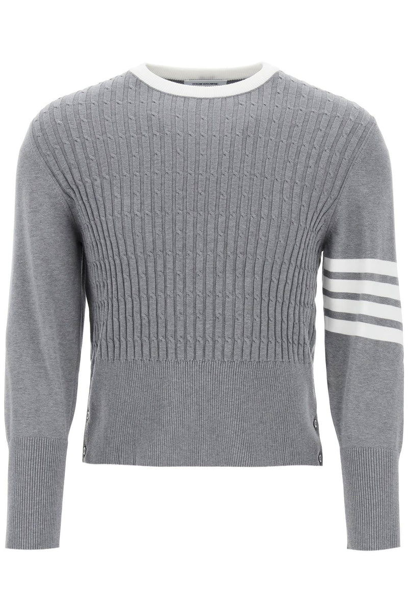 Thom Browne Placed Baby Cable 4-Bar Cotton Sweater Grey