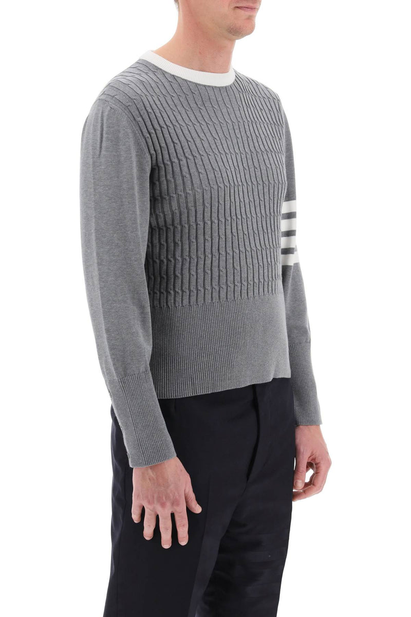 Thom Browne Placed Baby Cable 4-Bar Cotton Sweater Grey