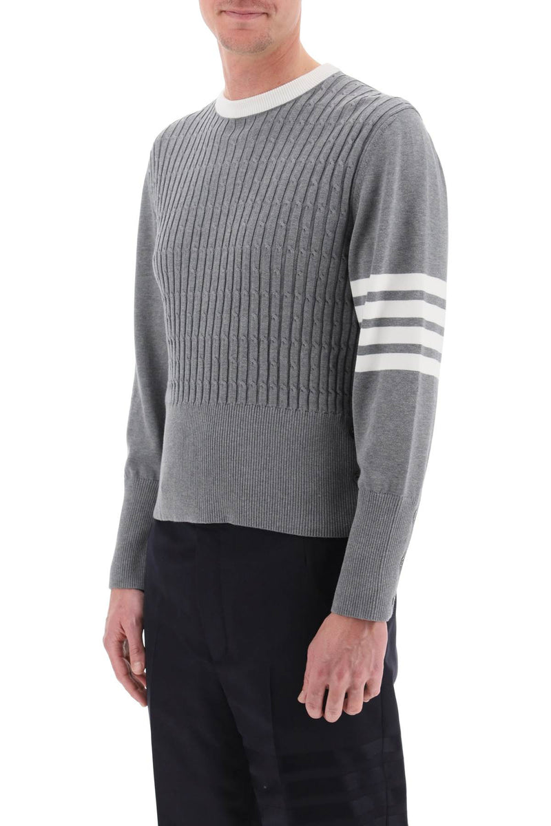 Thom Browne Placed Baby Cable 4-Bar Cotton Sweater Grey