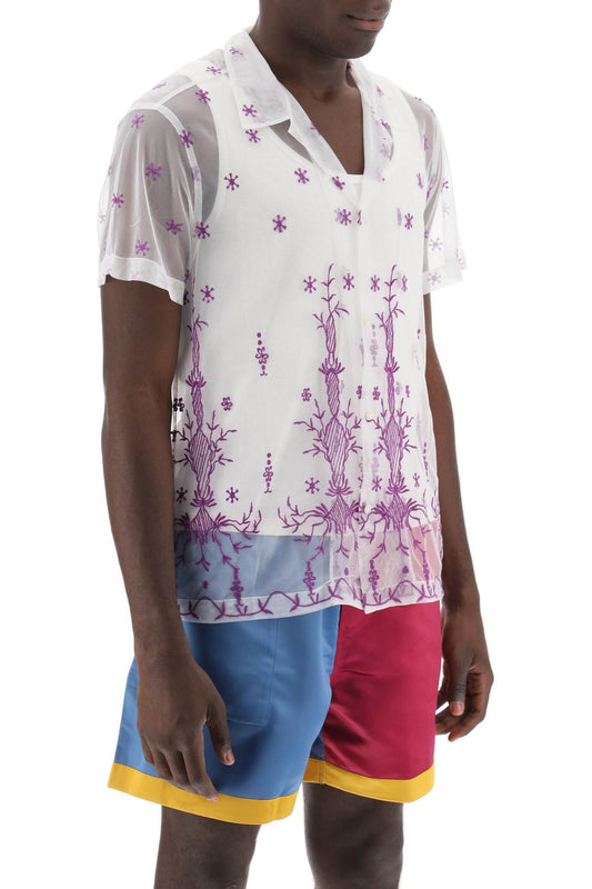 Bode Lavandula Bowling Shirt In Embroidered Tulle White