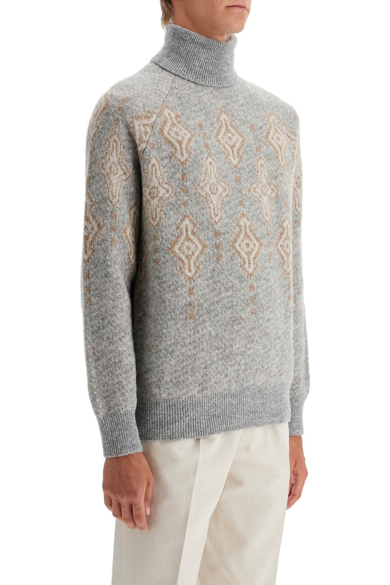 Brunello Cucinelli Geometric Jacquard Turtleneck Sweater Grey