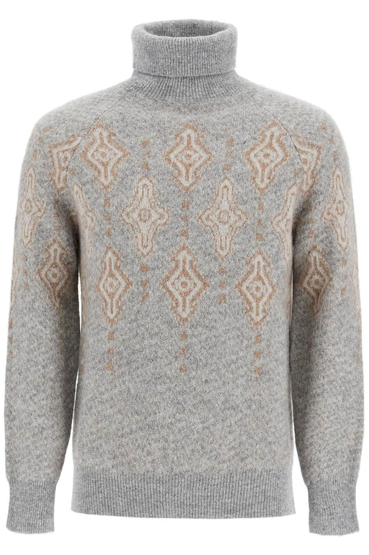 Brunello Cucinelli Geometric Jacquard Turtleneck Sweater Grey