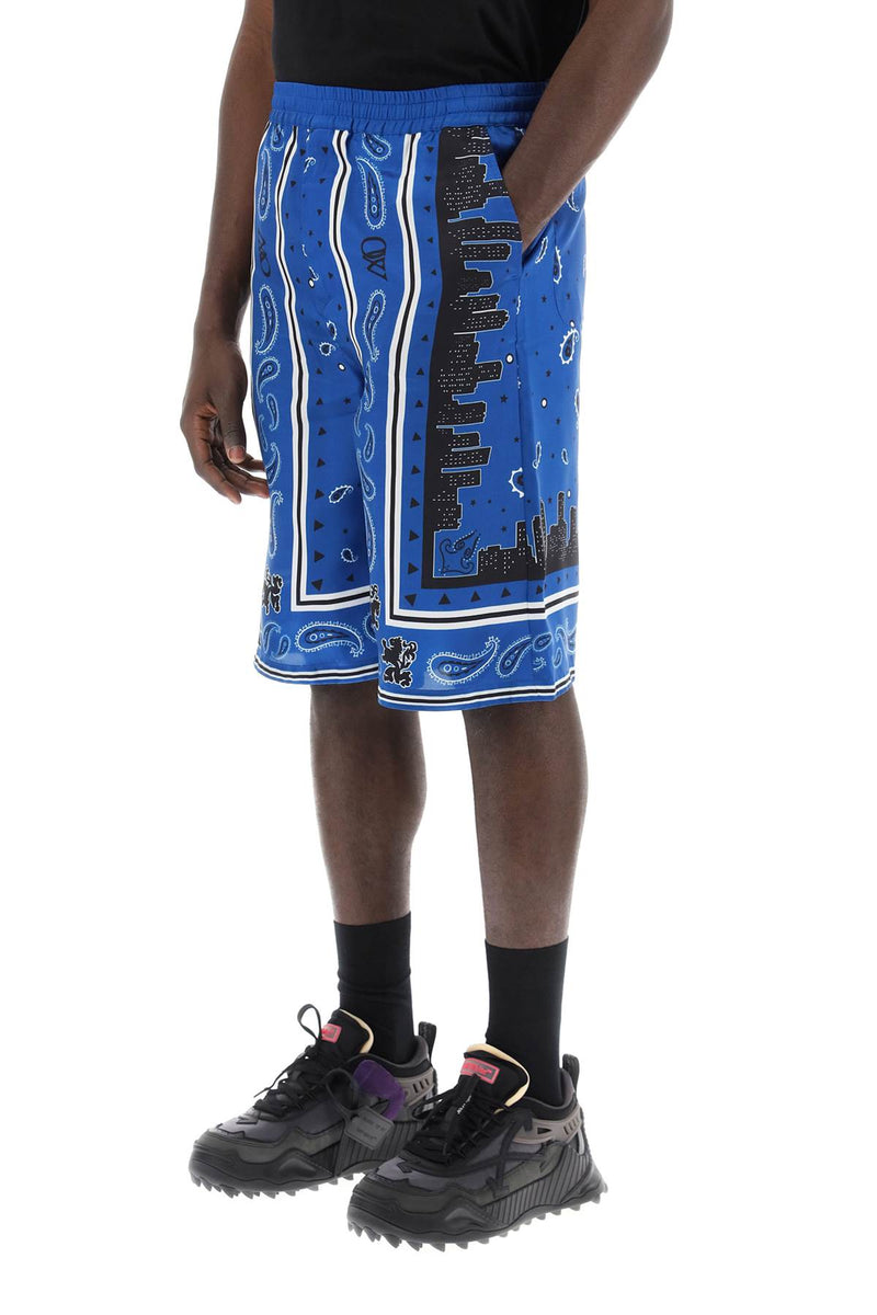 Off-White Bermuda Shorts With Paisley Pattern Blue