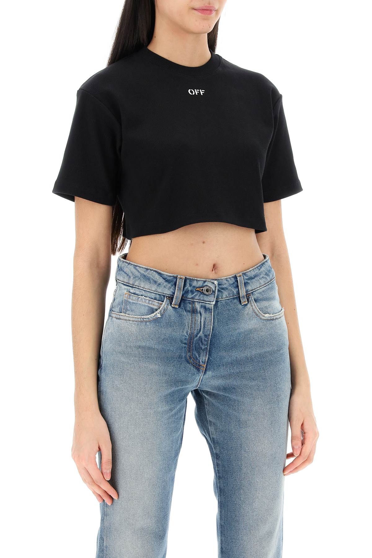 Off-White Cropped T-Shirt With Off Embroidery