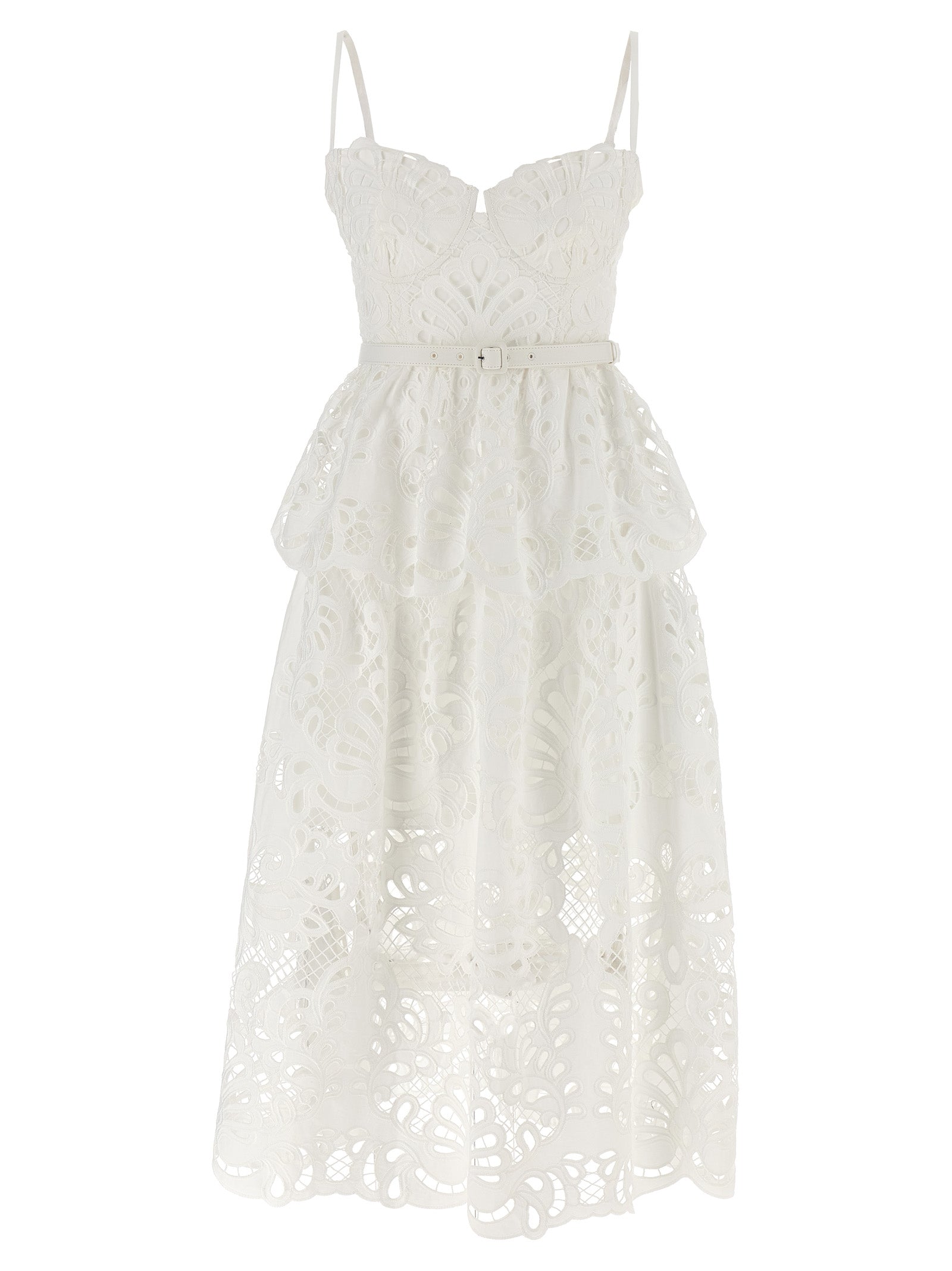 Self Portrait 'White Cotton Lace Tiered Midi' Dress