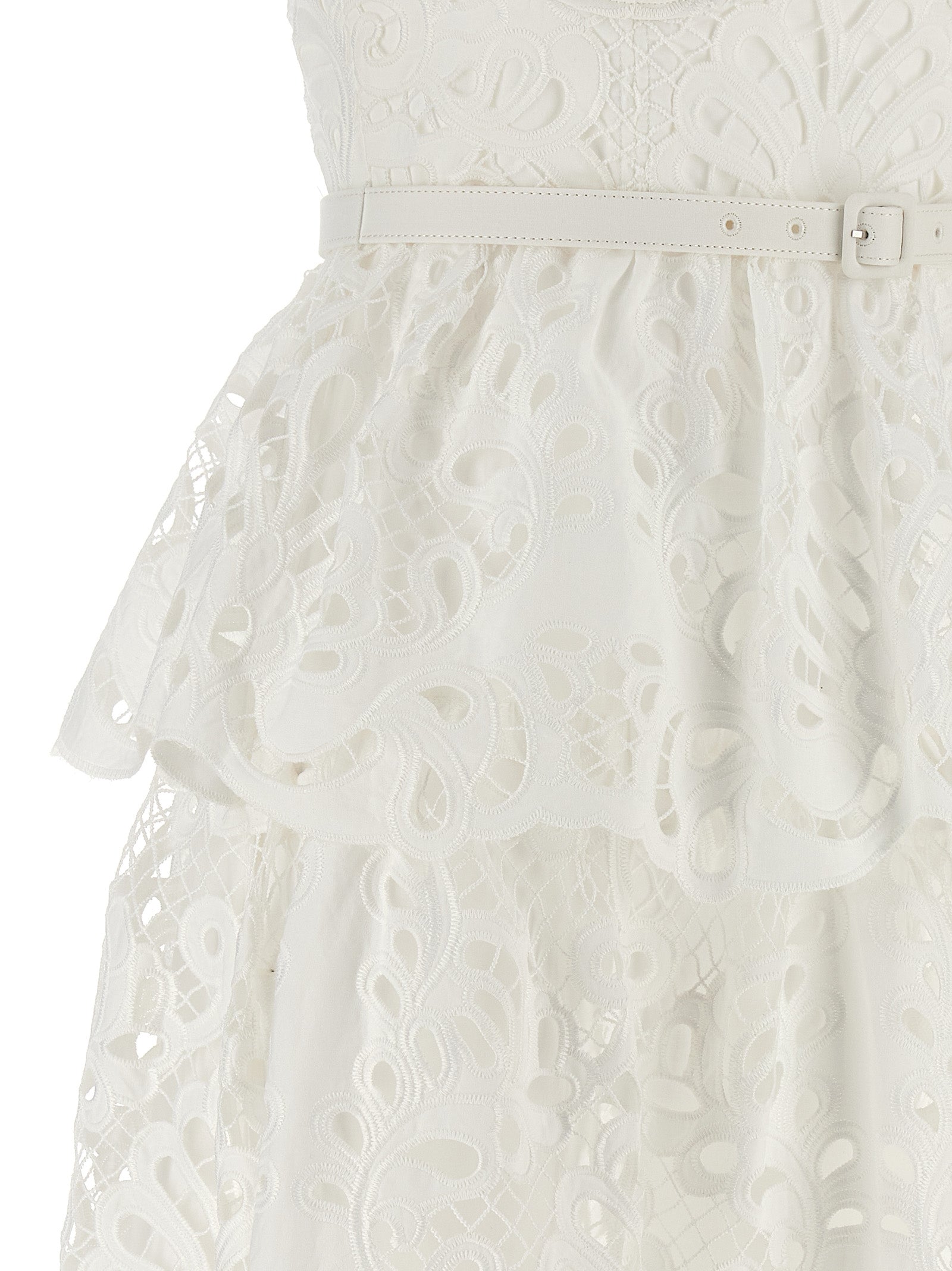 Self Portrait 'White Cotton Lace Tiered Midi' Dress