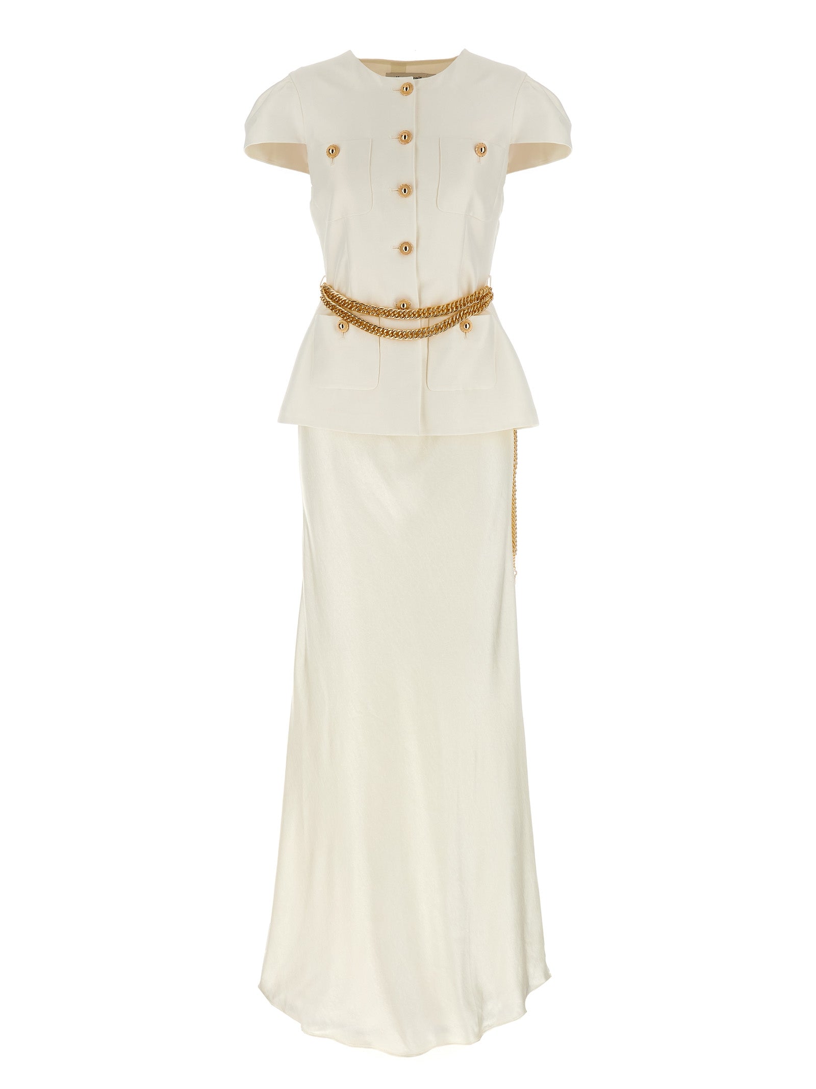 Self Portrait 'Cream Taffeta Chain Belt Maxi' Dress