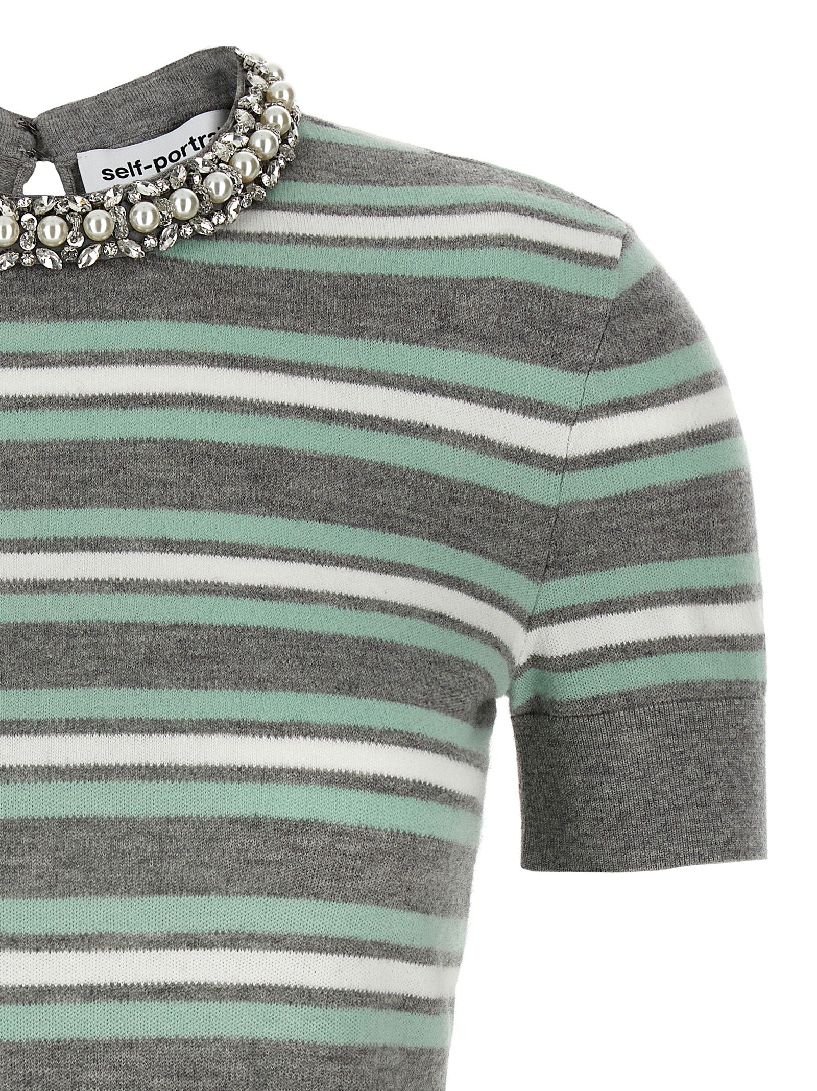 Self Portrait 'Grey Striped Crystal Trim Knit' Sweater