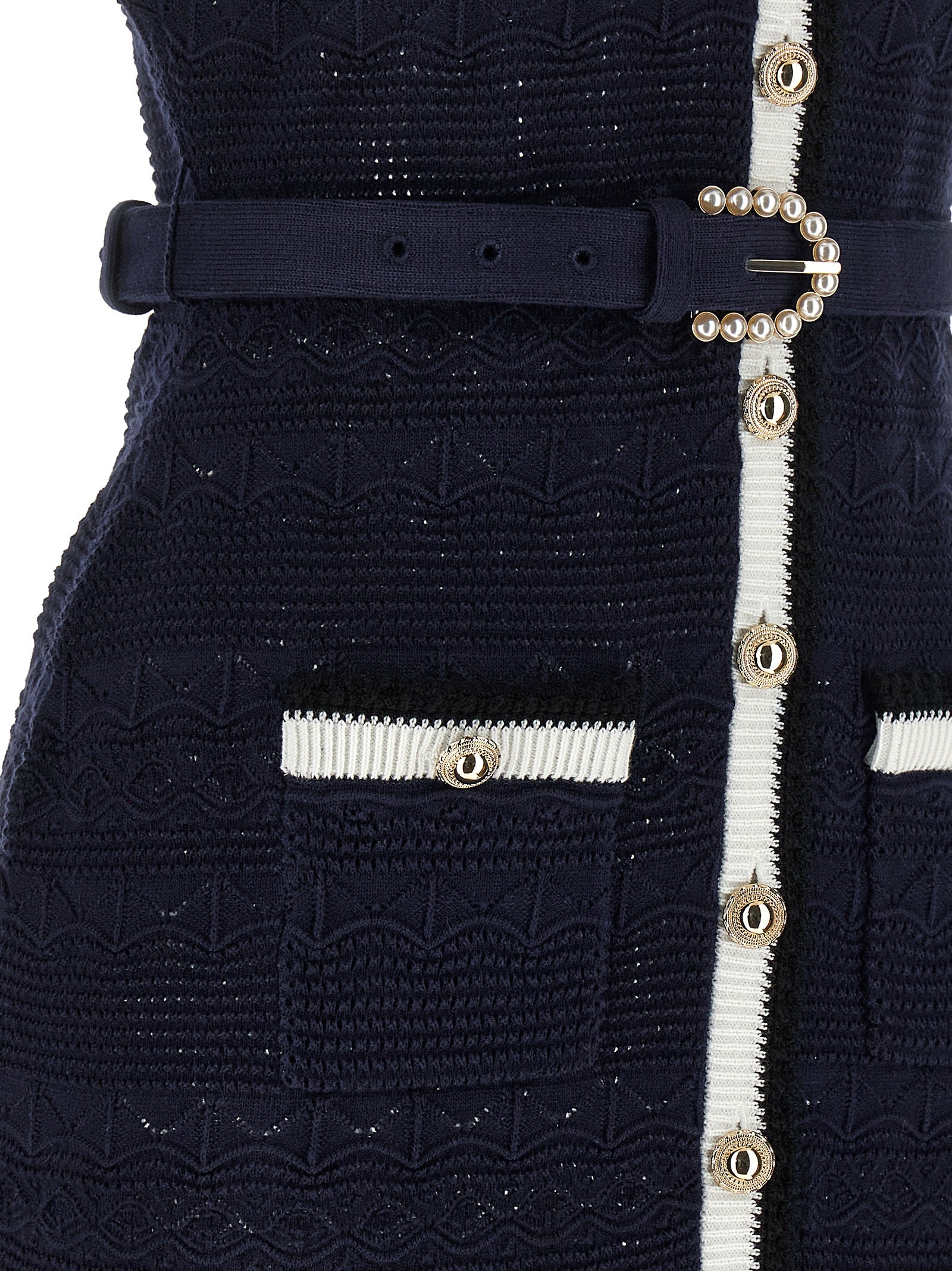 Self Portrait 'Navy Pointelle Knit Midi' Dress