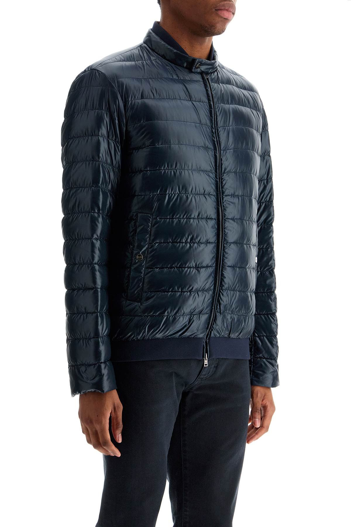 Herno Dark Blue Lightweight Quilted Nylon Down Jacket With High Collar