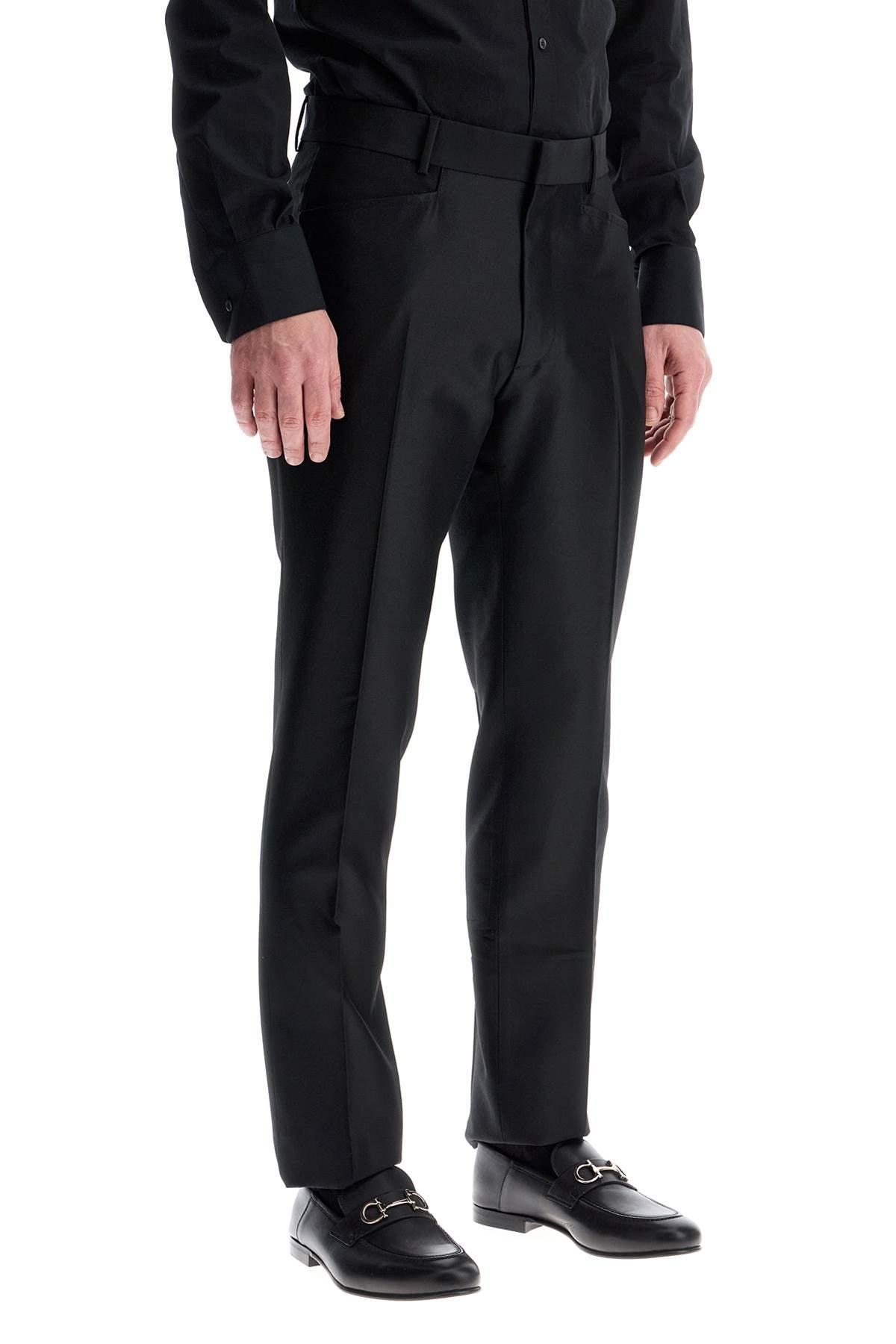 Tom Ford Men'S Black Wool And Silk Regular Fit Trousers Made In Italy