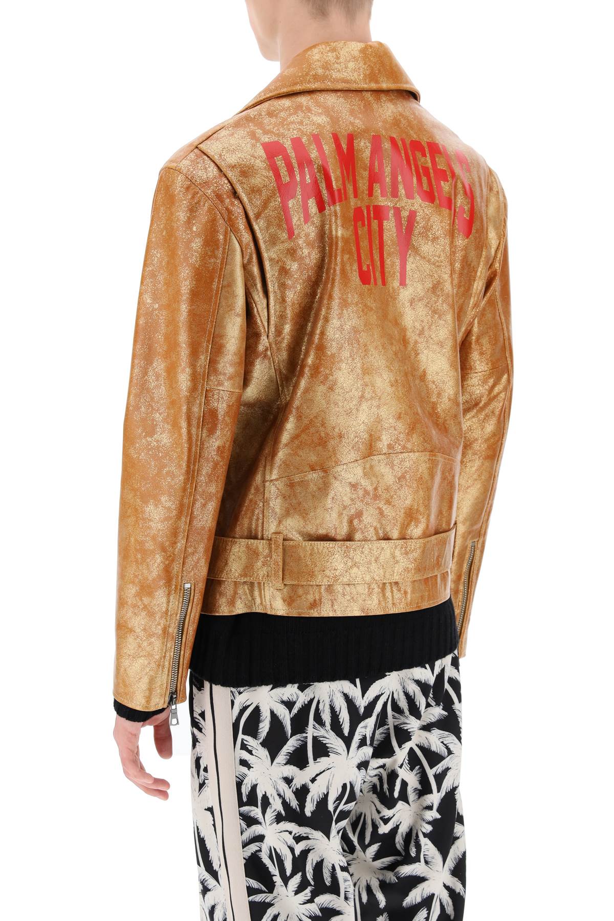 Palm Angels Pa City Biker Jacket In Laminated Leather Orange