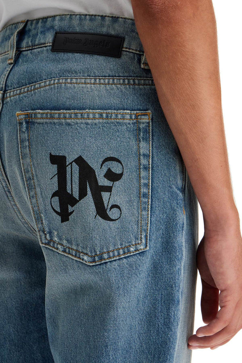 Palm Angels Straight Leg Monogram Print Jeans Blue