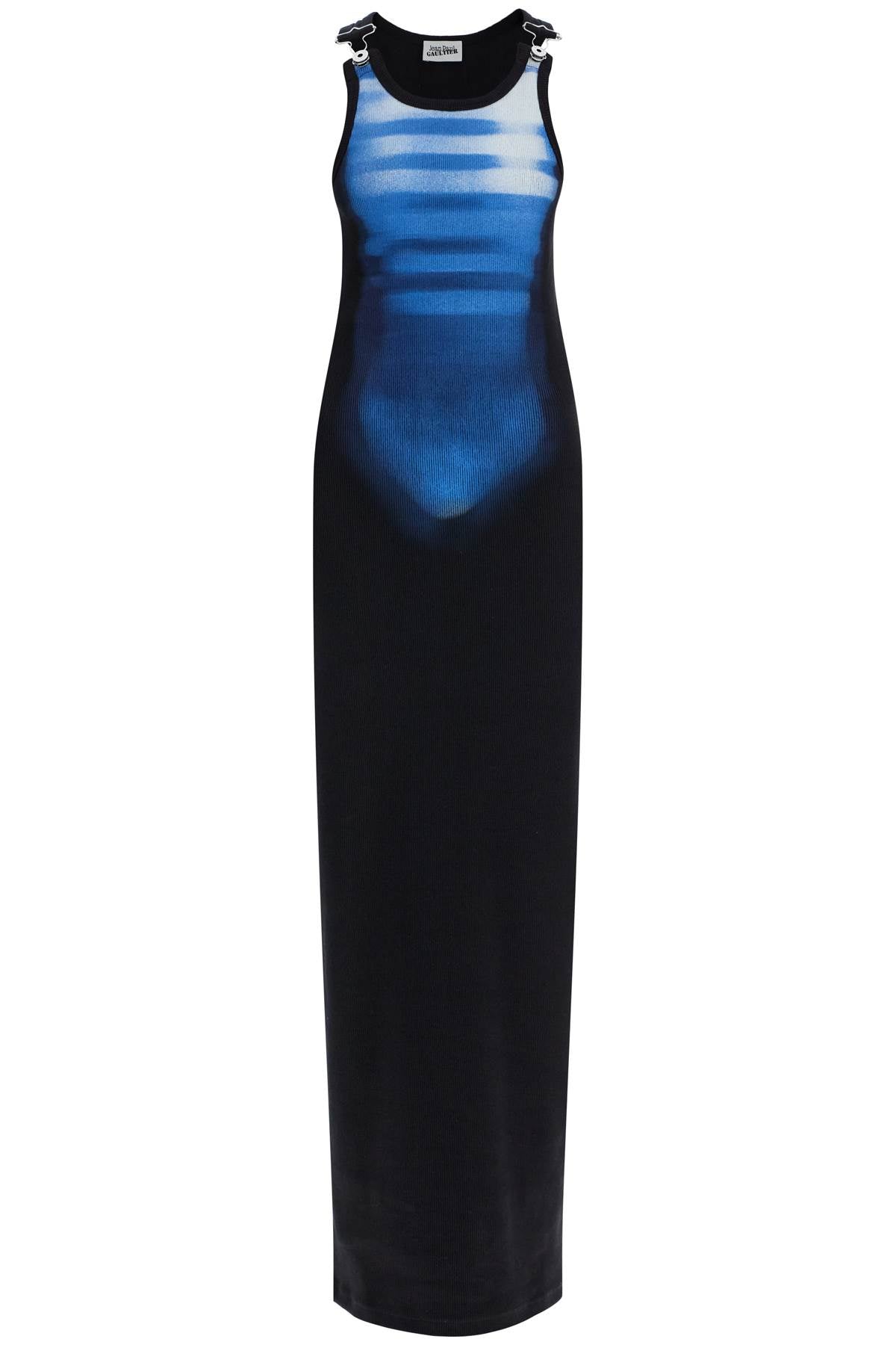 Jean Paul Gaultier Long Fitted Sleeveless Dress In Black And Blue Ribbed Cotton