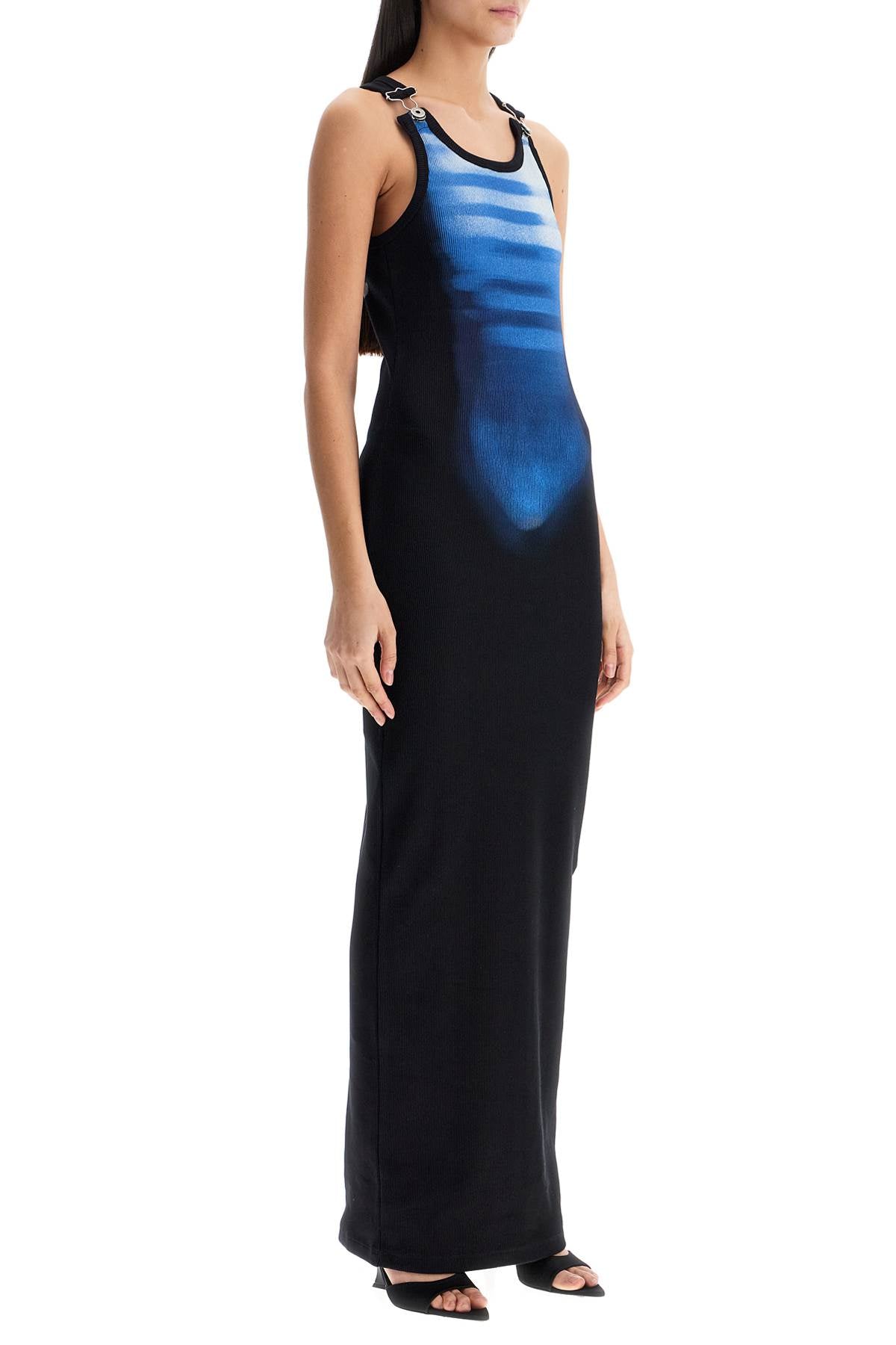 Jean Paul Gaultier Long Fitted Sleeveless Dress In Black And Blue Ribbed Cotton