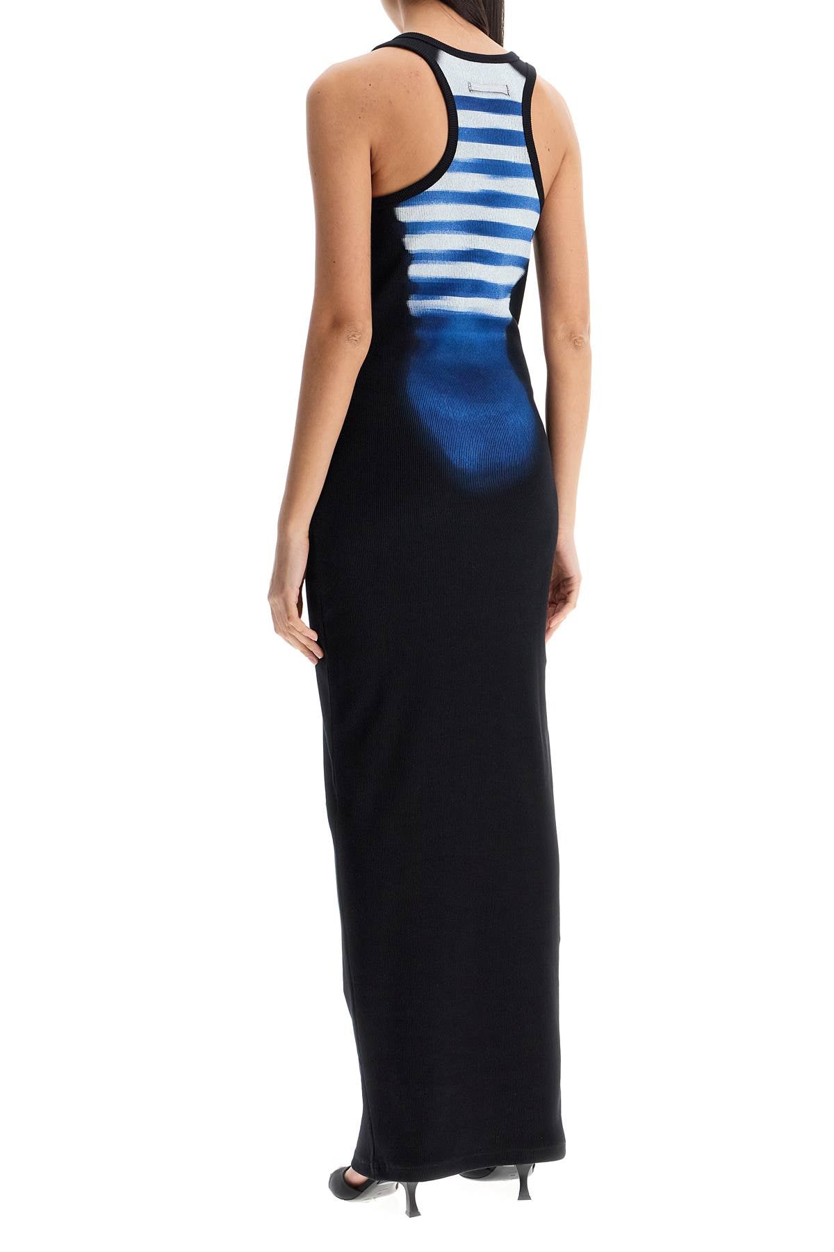 Jean Paul Gaultier Long Fitted Sleeveless Dress In Black And Blue Ribbed Cotton