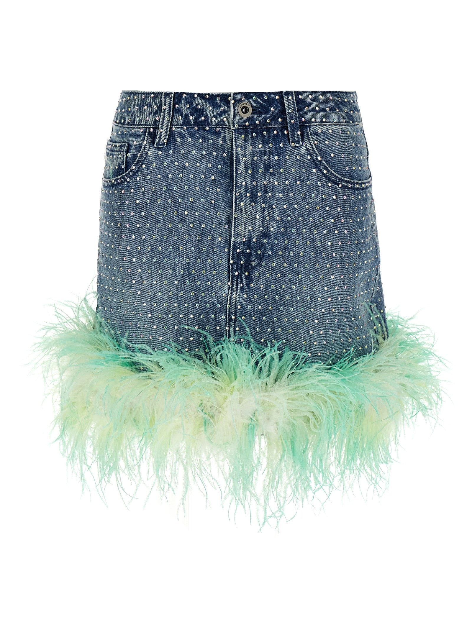 Self Portrait 'Blue Rhinstone Feather Denim' Skirt