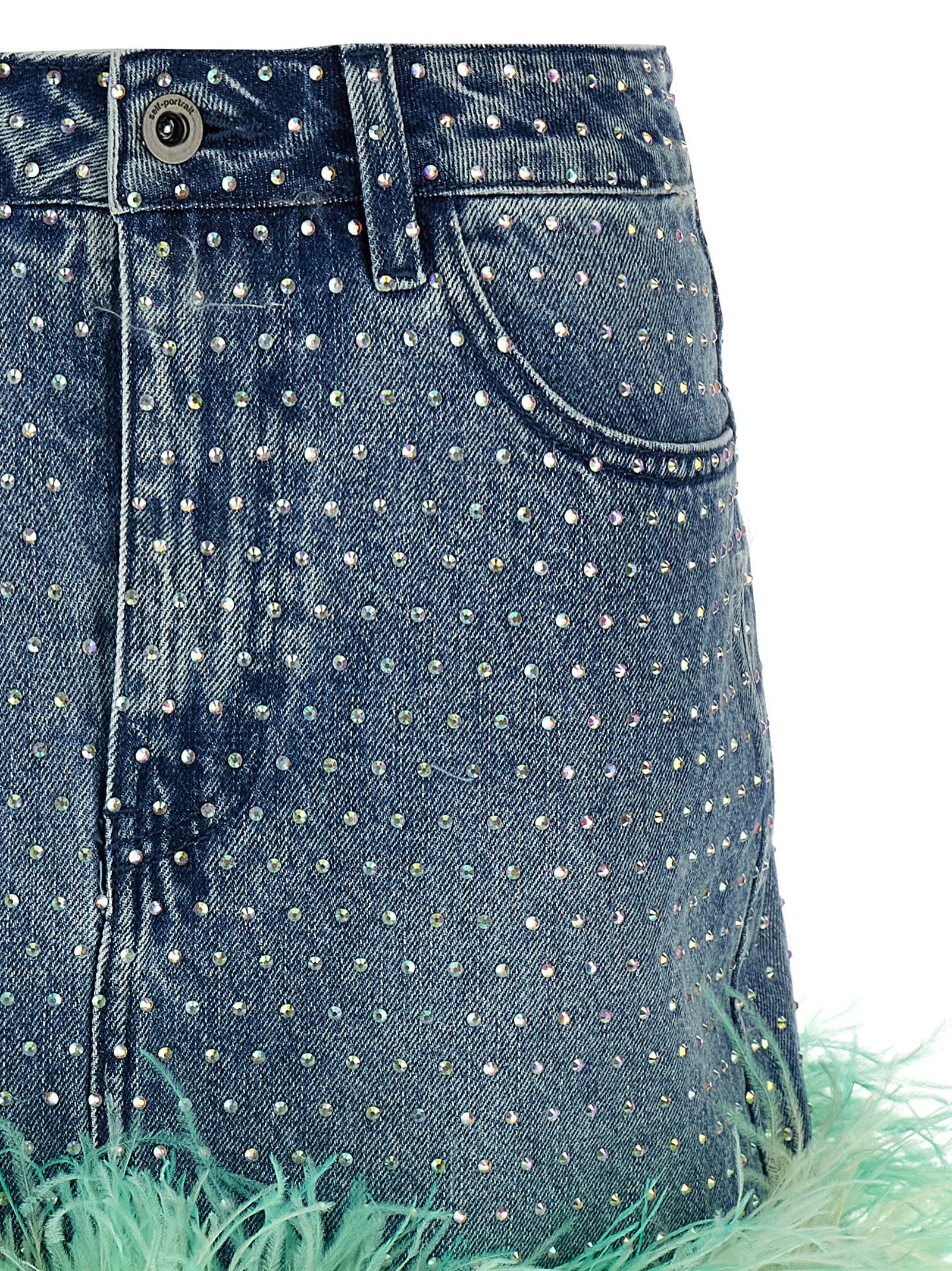 Self Portrait 'Blue Rhinstone Feather Denim' Skirt