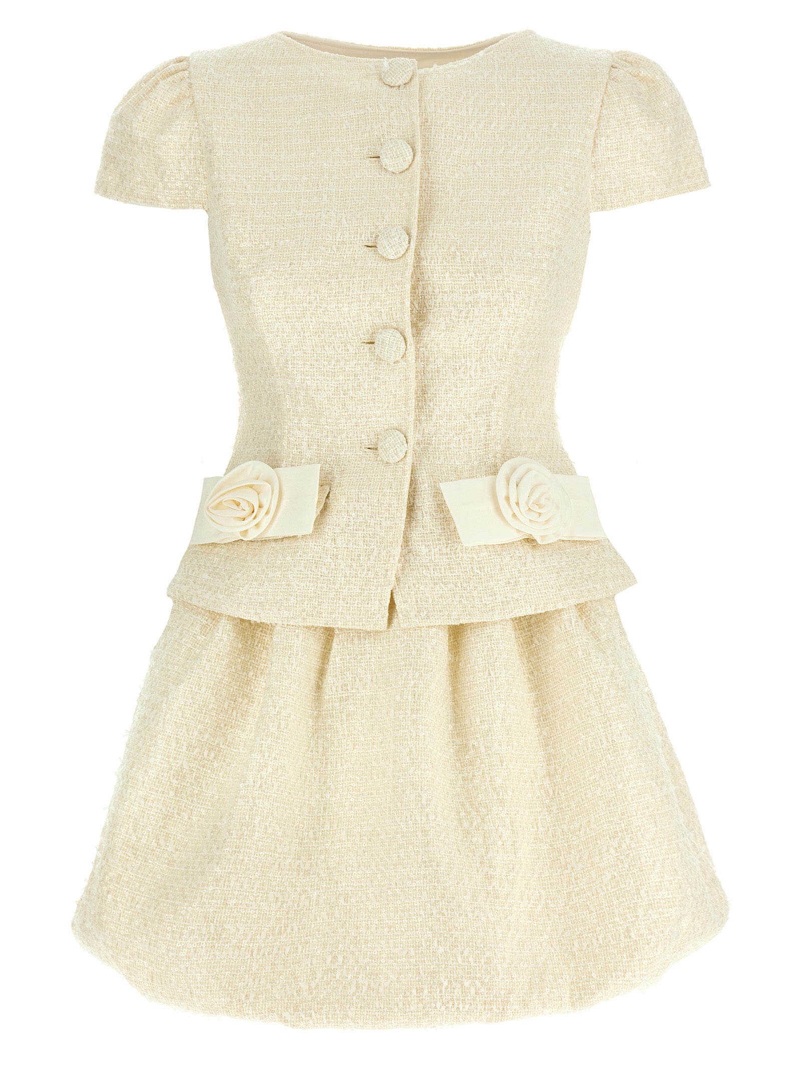 Self Portrait 'Cream Boucle Bow Detail Mini' Dress