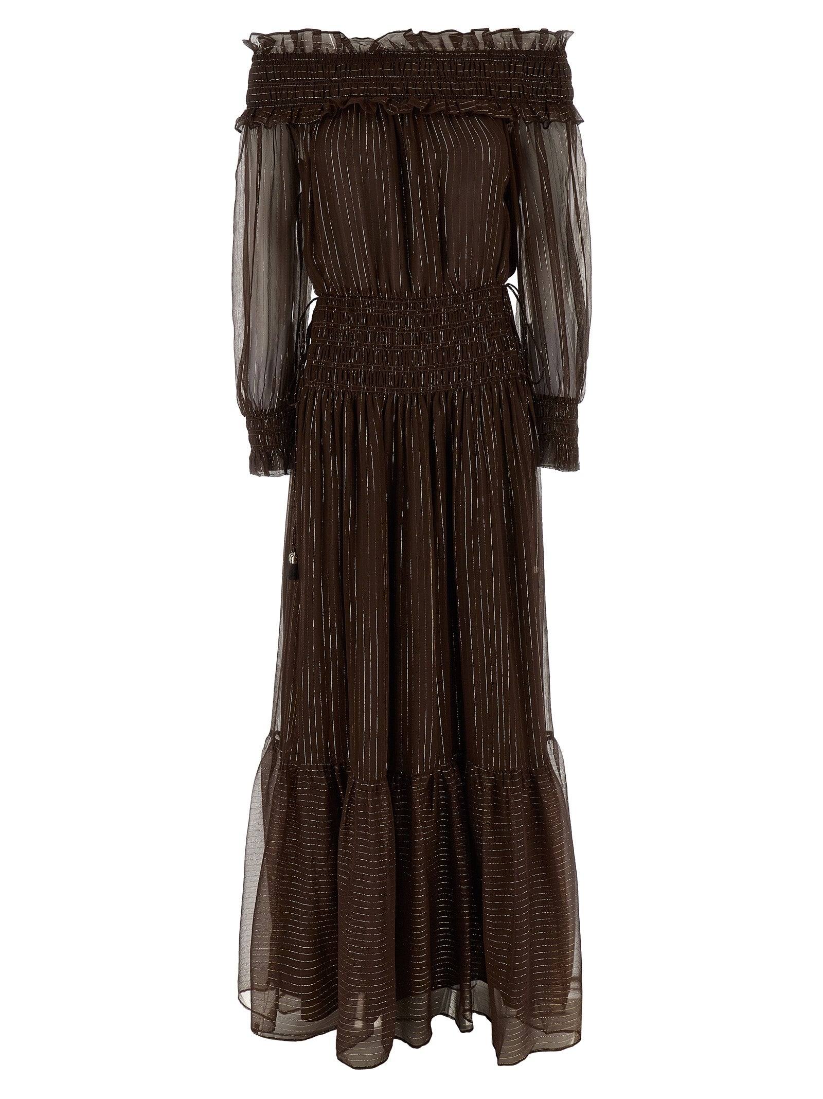 Self Portrait 'Brown Georgette Off Shoulder Maxi' Dress