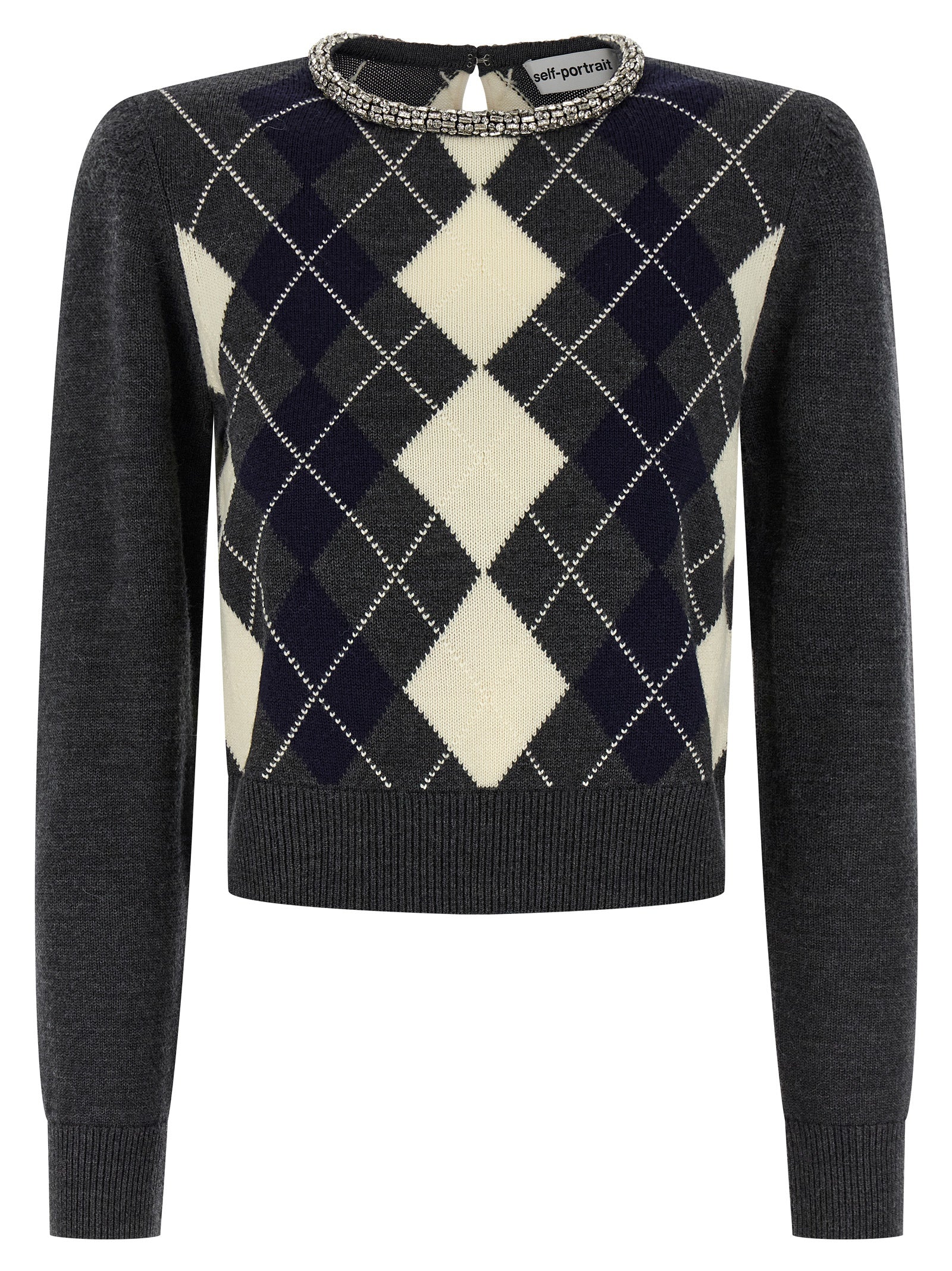 Self Portrait 'Grey Argyle Crystal Trim' Sweater