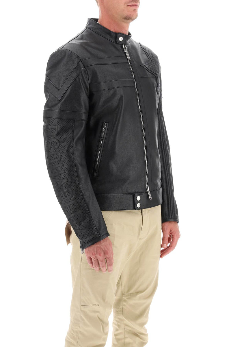 Dsquared2 Leather Biker Jacket With Contrasting Lettering Black