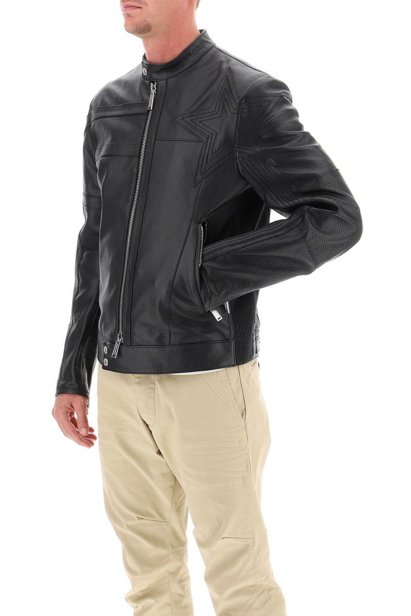 Dsquared2 Leather Biker Jacket With Contrasting Lettering Black