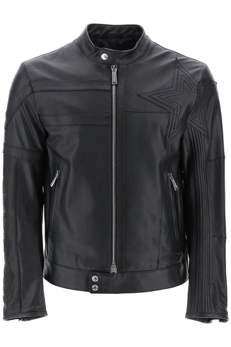 Dsquared2 Leather Biker Jacket With Contrasting Lettering Black