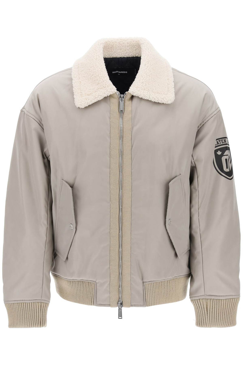 Dsquared2 Padded Bomber Jacket With Collar In Lamb Fur Grey