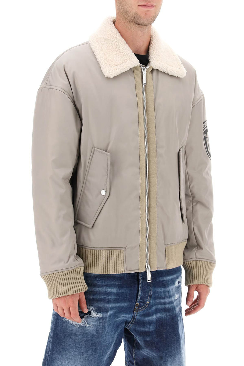 Dsquared2 Padded Bomber Jacket With Collar In Lamb Fur Grey