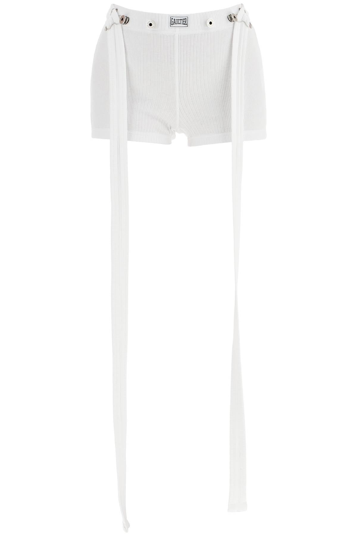 Jean Paul Gaultier White Cotton Shorts With Logo Patch, Ribbed Fabric, Above The Knee